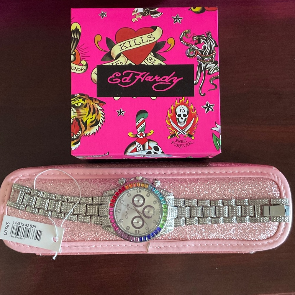 Ed Hardy Silver Watch with Multicolor Bezel
